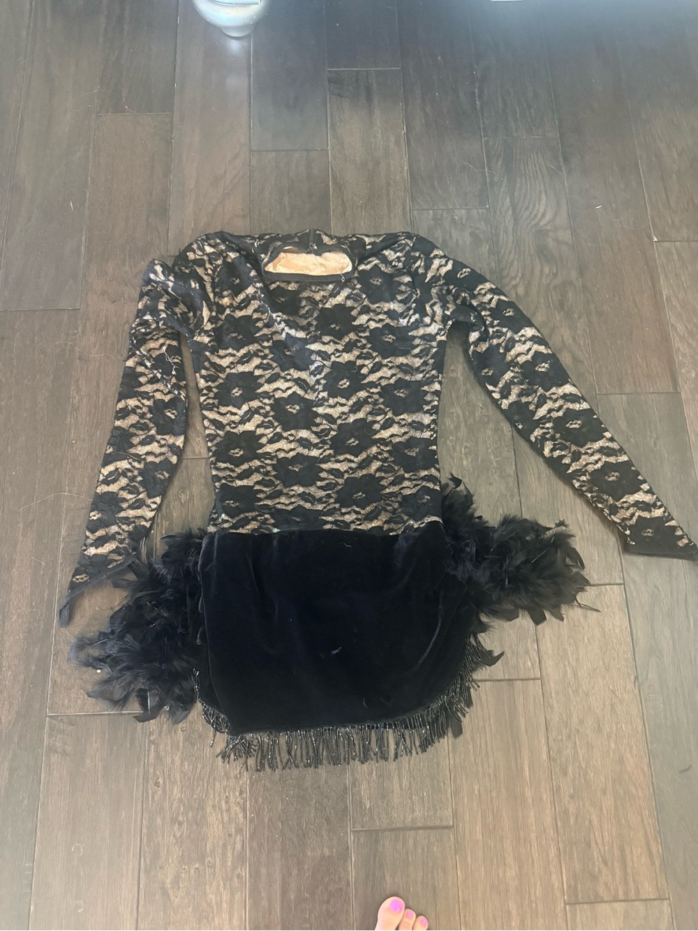 Adult small dance solo costume. Black Lace and Velvet Feathered